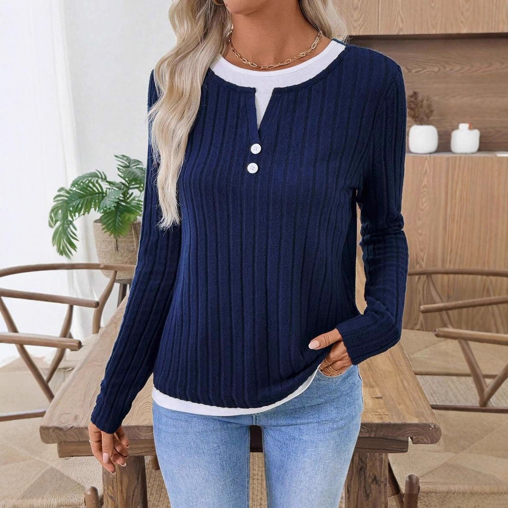 AZUKI Women's Ribbed Layered-Look Long-Sleeve Button Top product photo