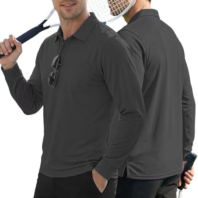 AZUKI long-sleeve birdseye pocket polo - Dark Gray front and back