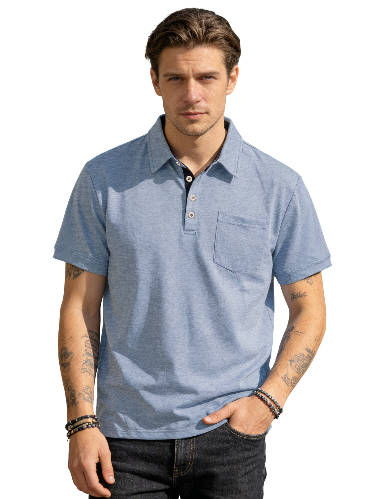 AZUKI cotton-blend four-button pocket polo - Heather Light Blue