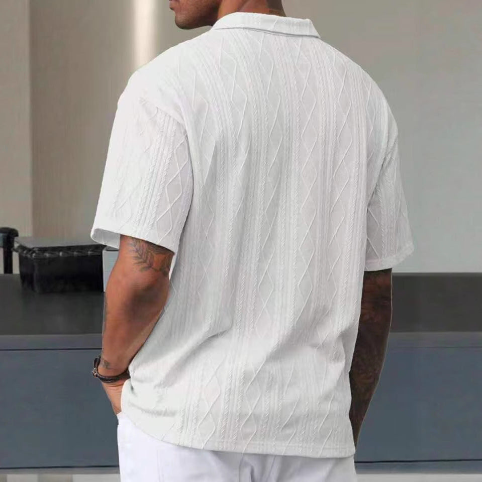 White geometric-textured short-sleeve polo on a model, back view