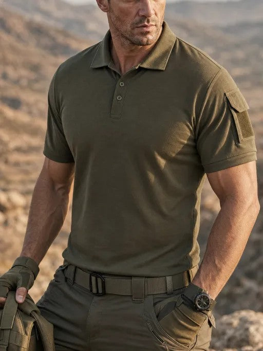 Army green short-sleeve polo on a male model, showing the button placket and upper-sleeve flap detail