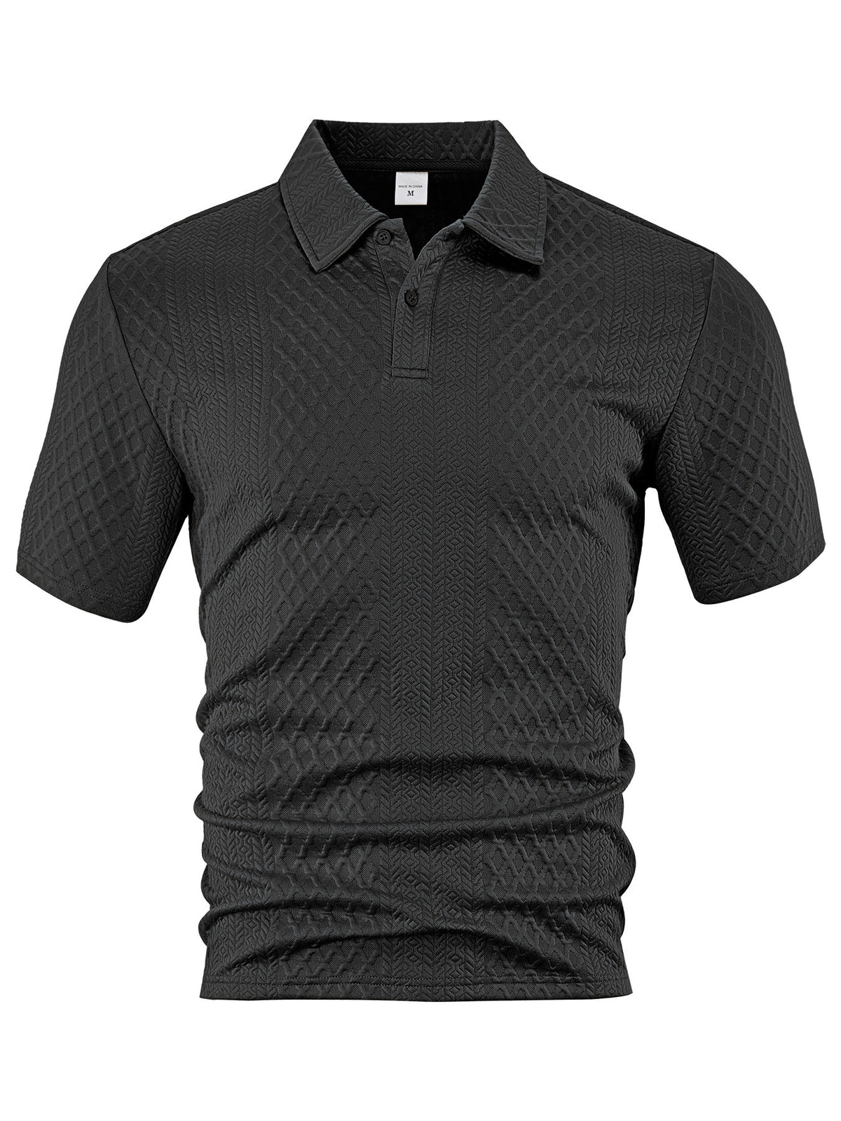 Black geometric jacquard two-button polo shirt, front product view