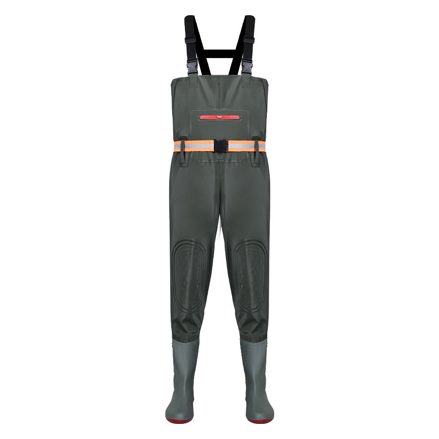 Army green chest waders with chest pocket, striped waist belt and knee panels.