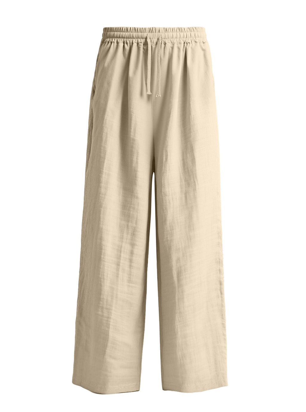Khaki linen-blend drawstring pants, full front product view