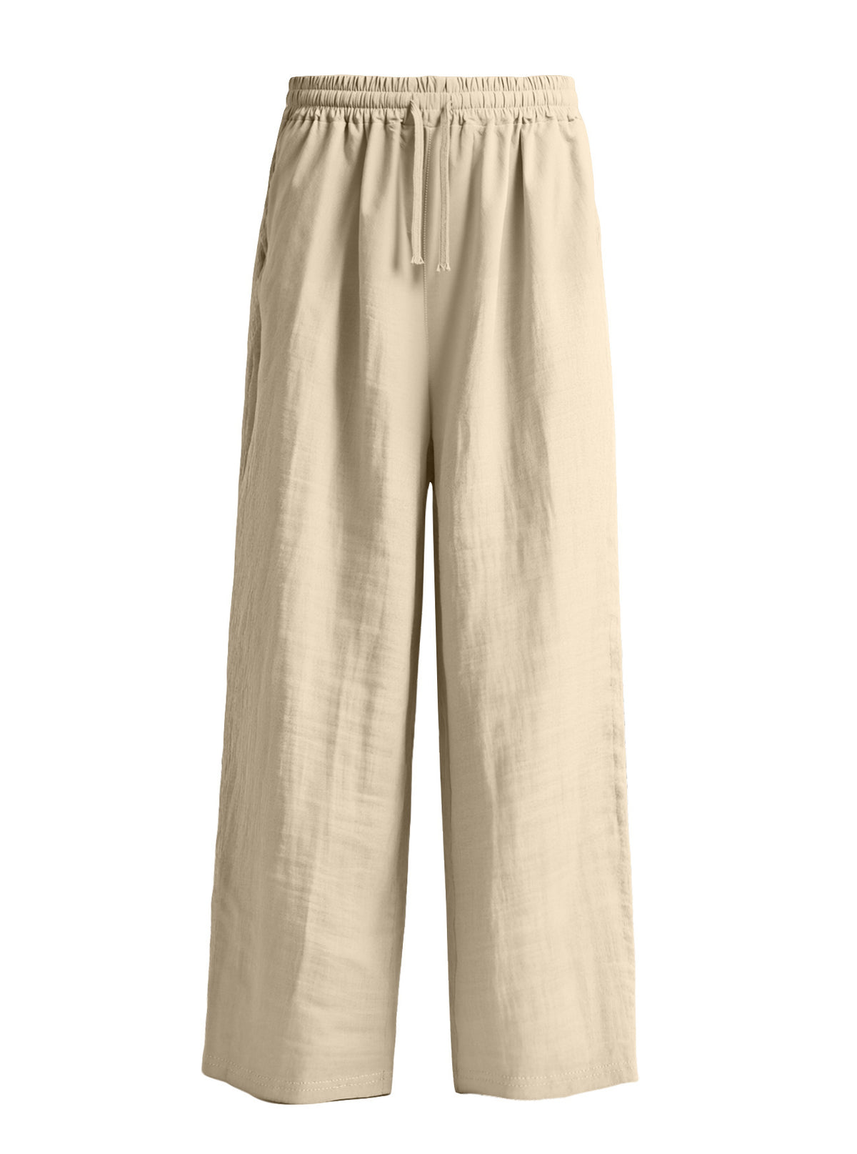 Khaki linen-blend drawstring pants, full front product view