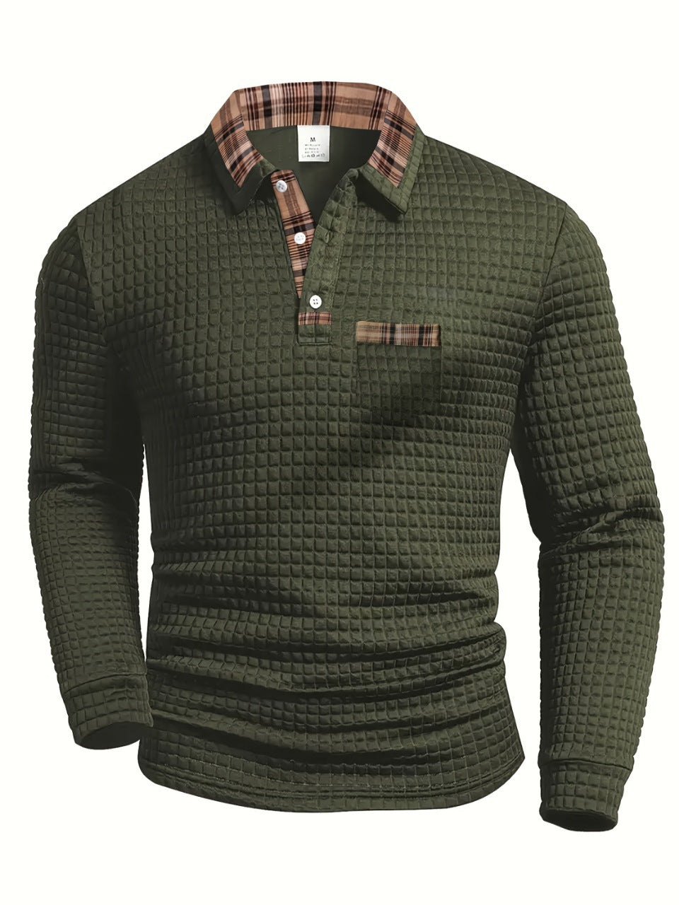 AZUKI Men's Waffle-Textured Plaid-Trim Long-Sleeve Polo - Army Green product photo