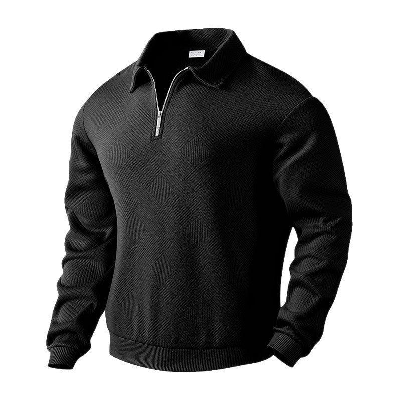 Black textured quarter-zip collared pullover product view