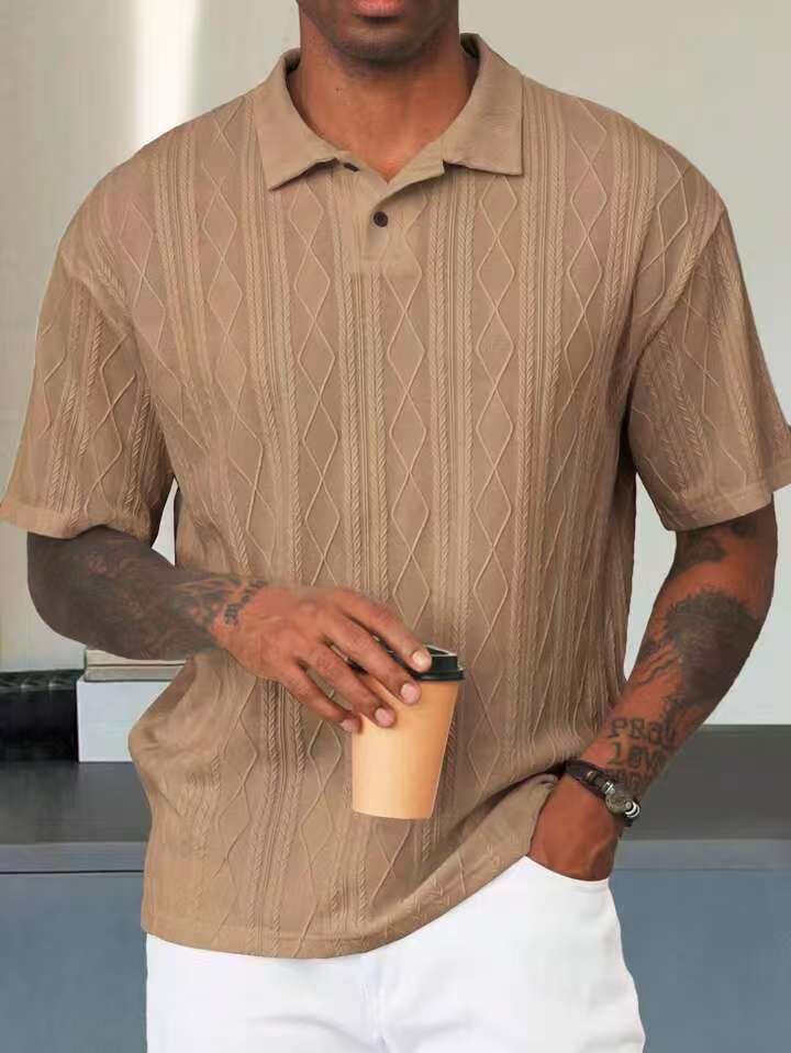 Khaki geometric-textured short-sleeve polo on a male model, front view showing the collar and short placket