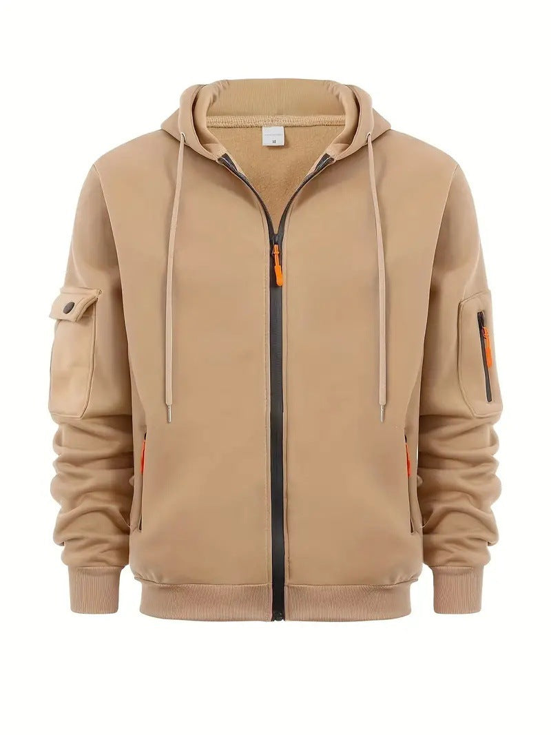 Khaki men's full-zip hoodie with drawstring hood and sleeve pockets, front view