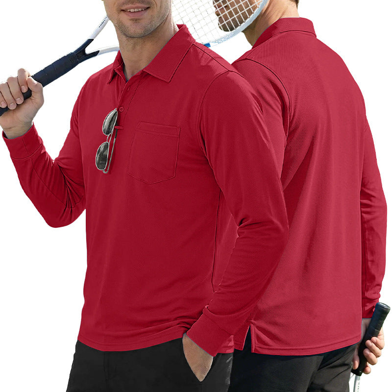 AZUKI long-sleeve birdseye pocket polo - Burgundy front and back