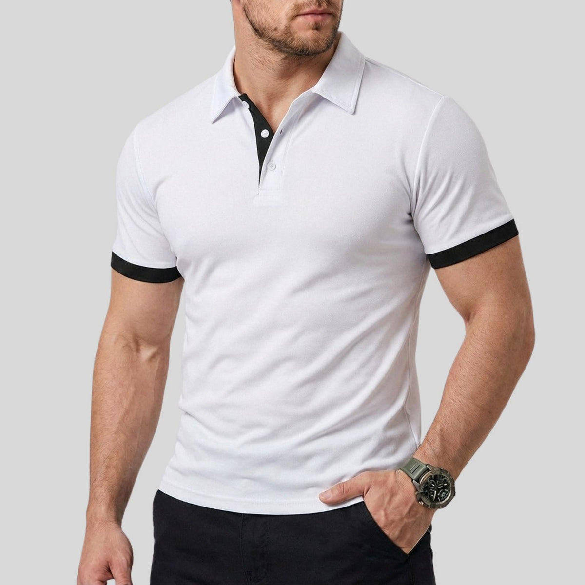AZUKI Men's Heathered Polo Shirt with Contrast Cuffs - PDD-SDPL03-White