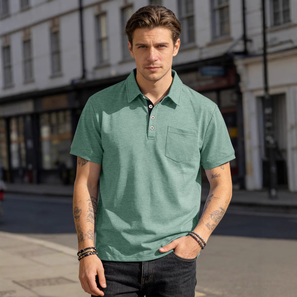 AZUKI Men's Cotton-Blend Short-Sleeve Pocket Polo product photo