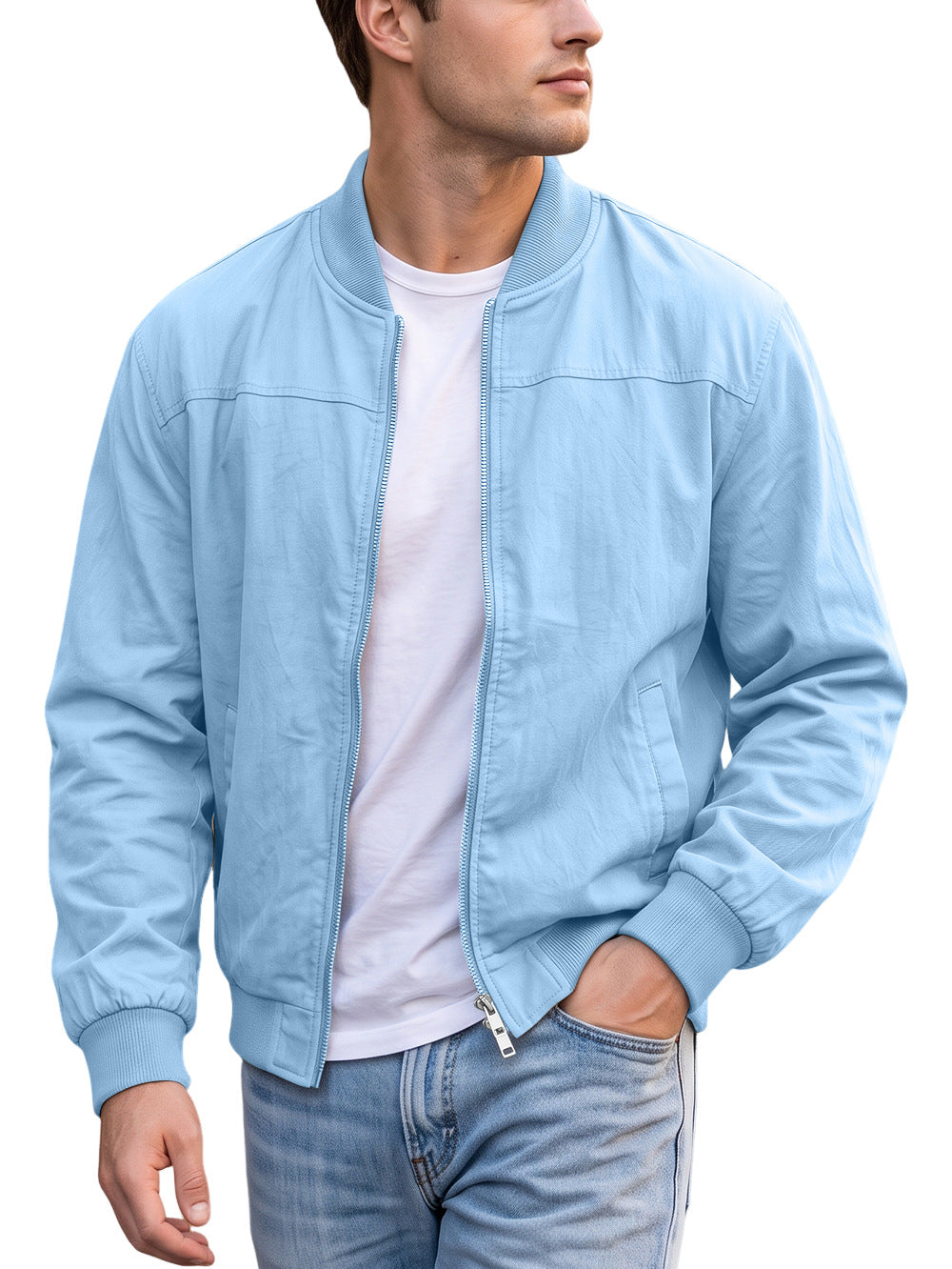 AZUKI men's light blue bomber jacket on an adult model
