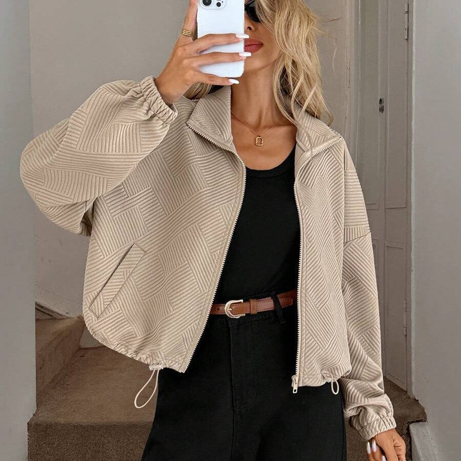AZUKI Women's Textured Stand-Collar Zip Jacket with Drawstring Hem product photo