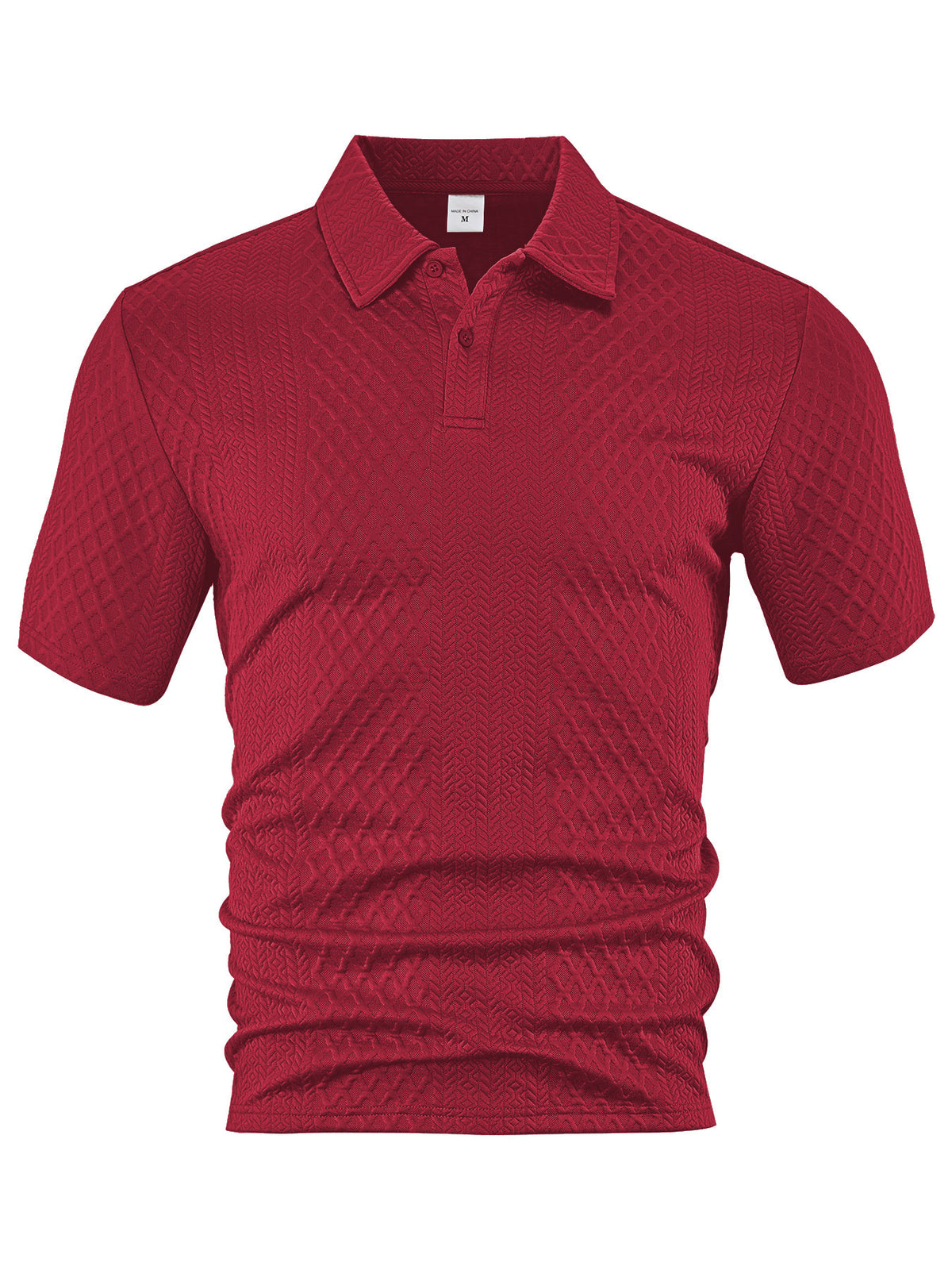 Burgundy geometric jacquard two-button polo shirt, front product view