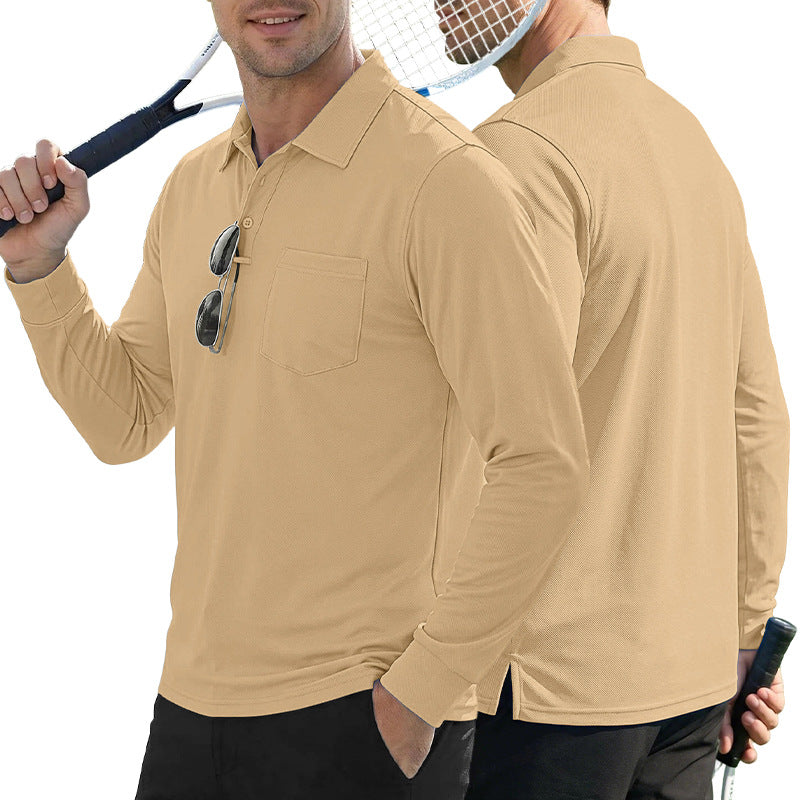 AZUKI long-sleeve birdseye pocket polo - Khaki front and back