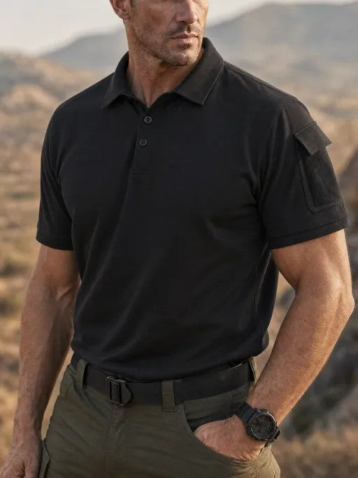 Black short-sleeve polo on a male model, showing the button placket and upper-sleeve flap detail