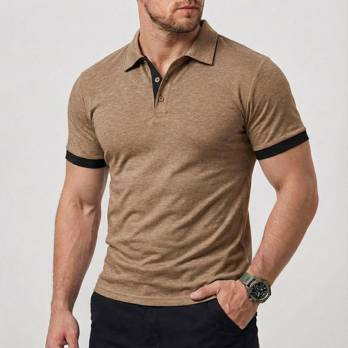 AZUKI Men's Heathered Polo Shirt with Contrast Cuffs - PDD-SDPL03-Khaki