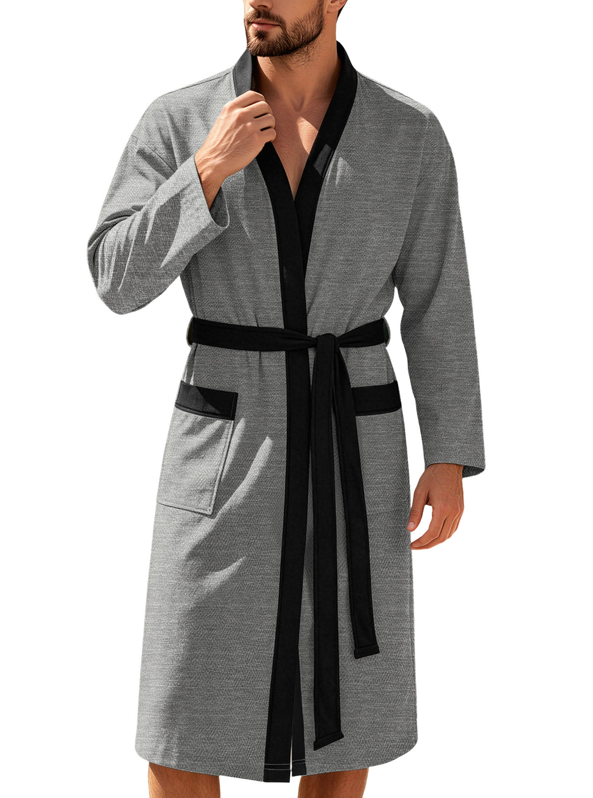 AZUKI heather gray bathrobe front view with black trim and tie belt