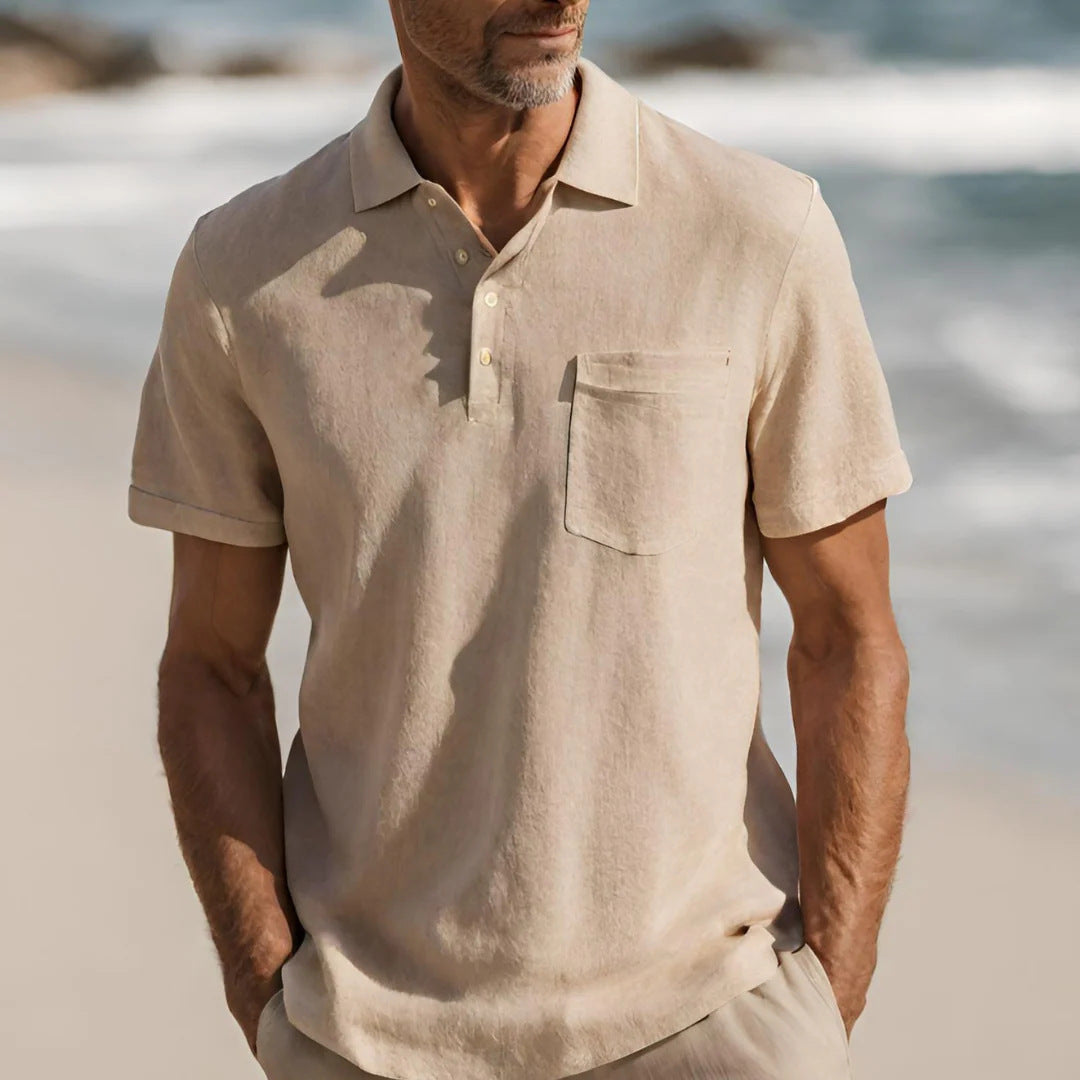 AZUKI Men's Short Sleeve Button-Placket Pocket Polo Shirt - DXP-6-Khaki