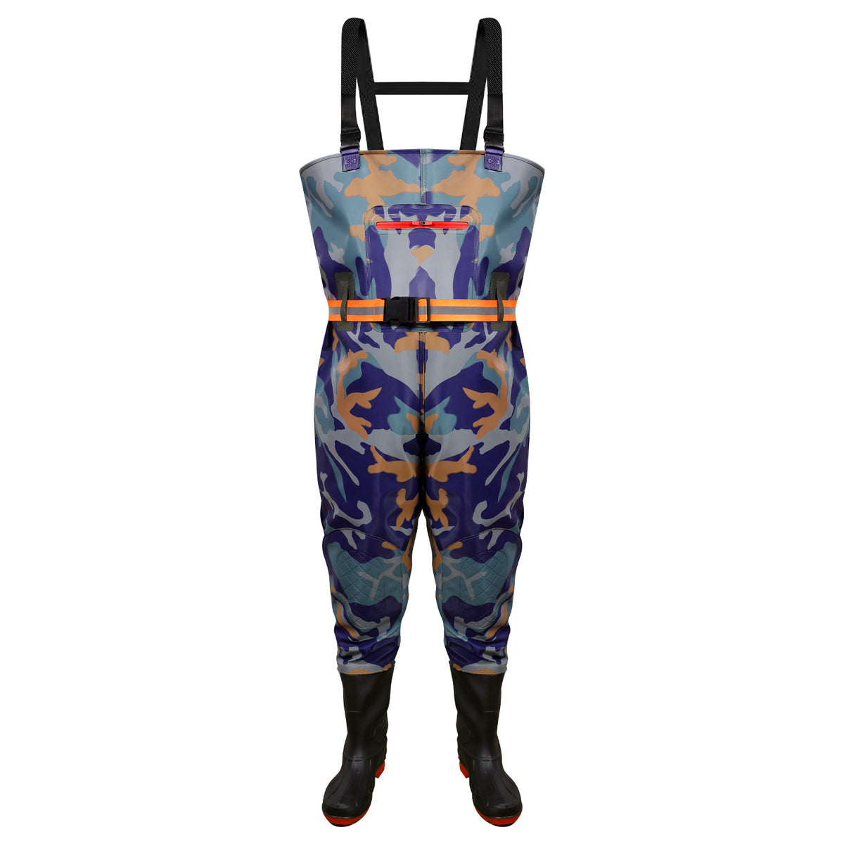 Blue camouflage chest waders with chest pocket, striped waist belt and knee panels.