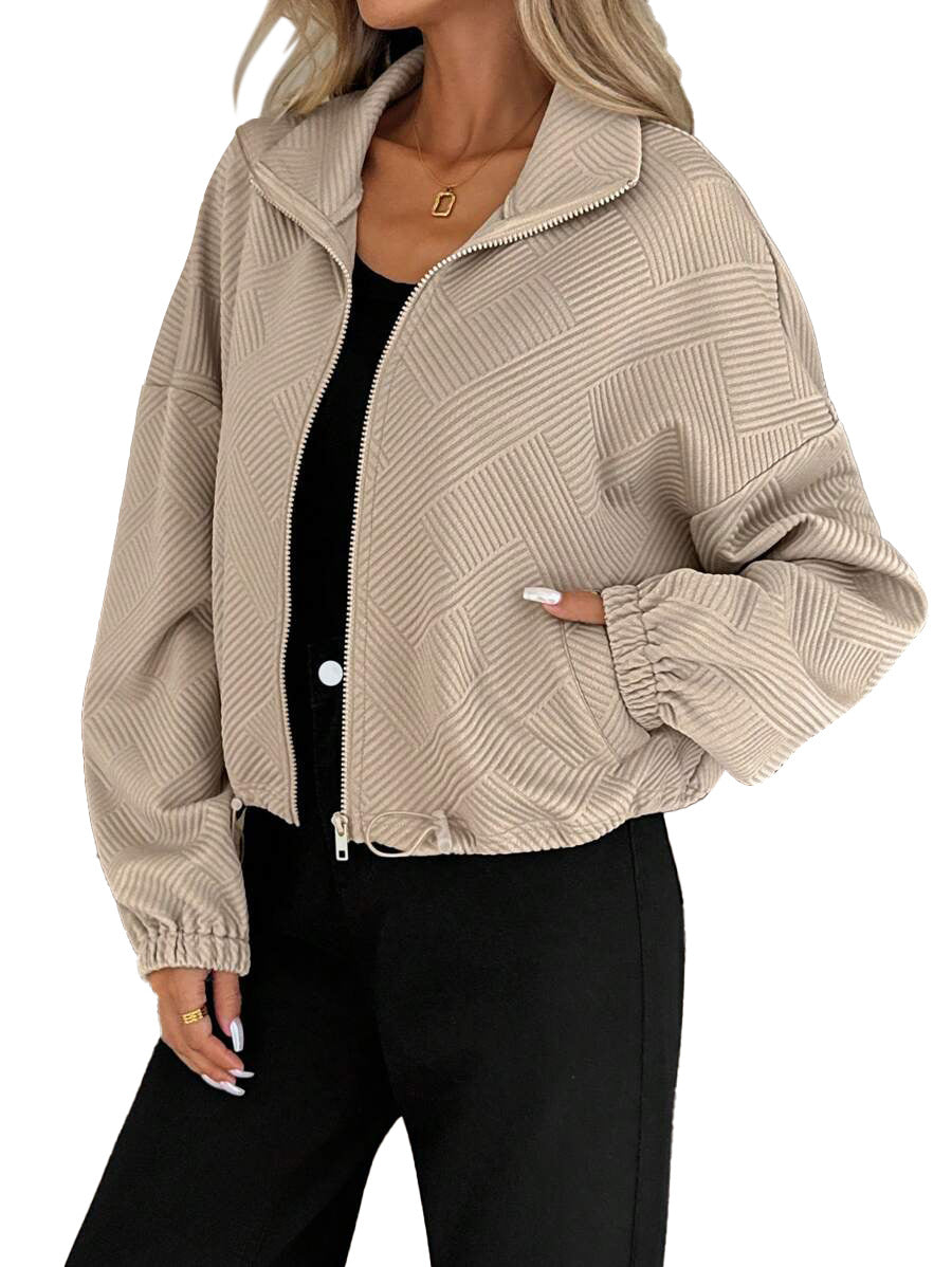 AZUKI Women's Textured Stand-Collar Zip Jacket with Drawstring Hem - Khaki product photo