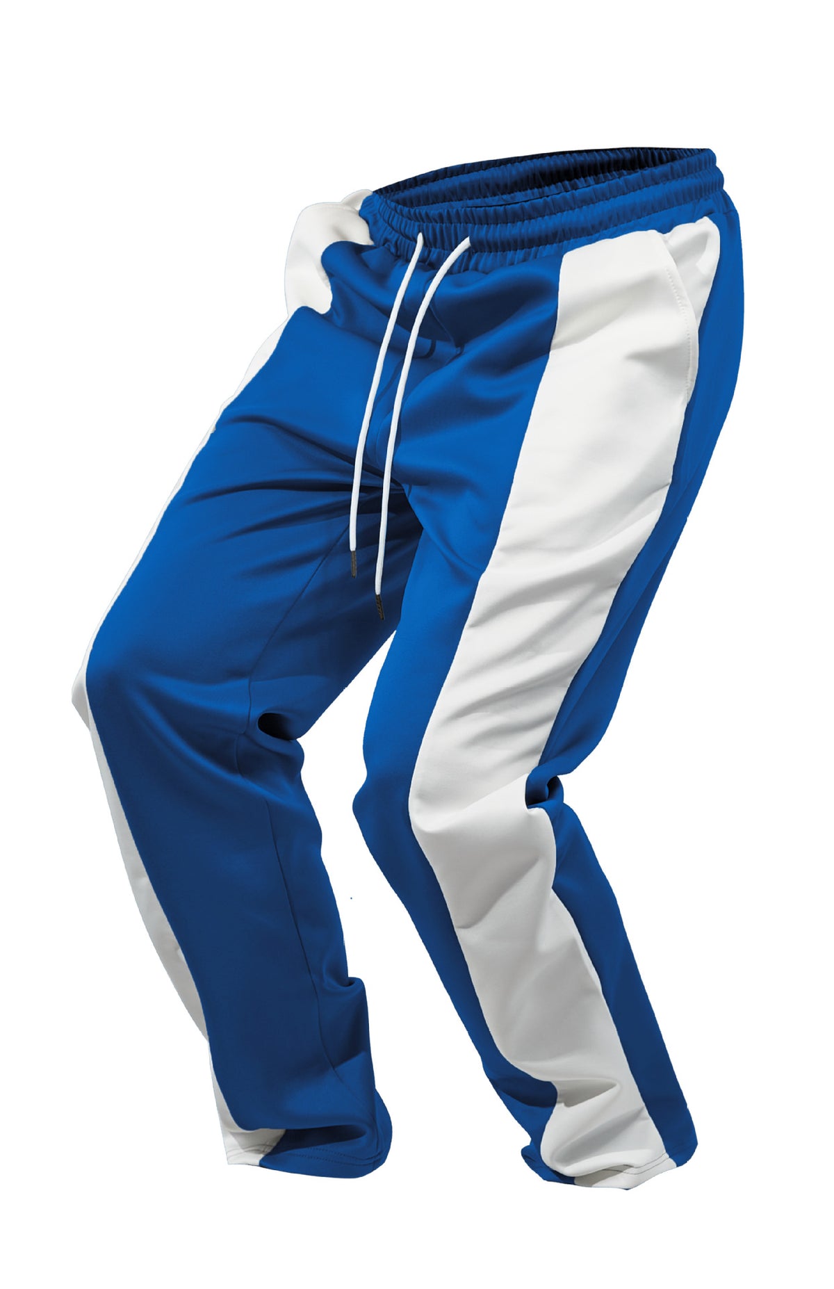 AZUKI blue pants with white side panels, elastic waistband and white drawstring