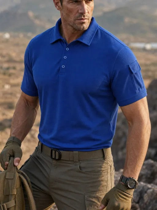 Royal blue short-sleeve polo on a male model, showing the button placket and upper-sleeve flap detail