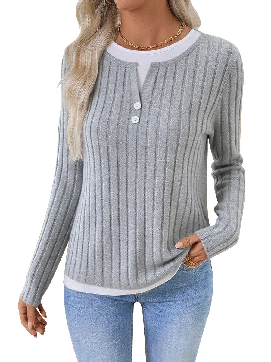AZUKI Women's Ribbed Layered-Look Long-Sleeve Button Top - Light Gray product photo