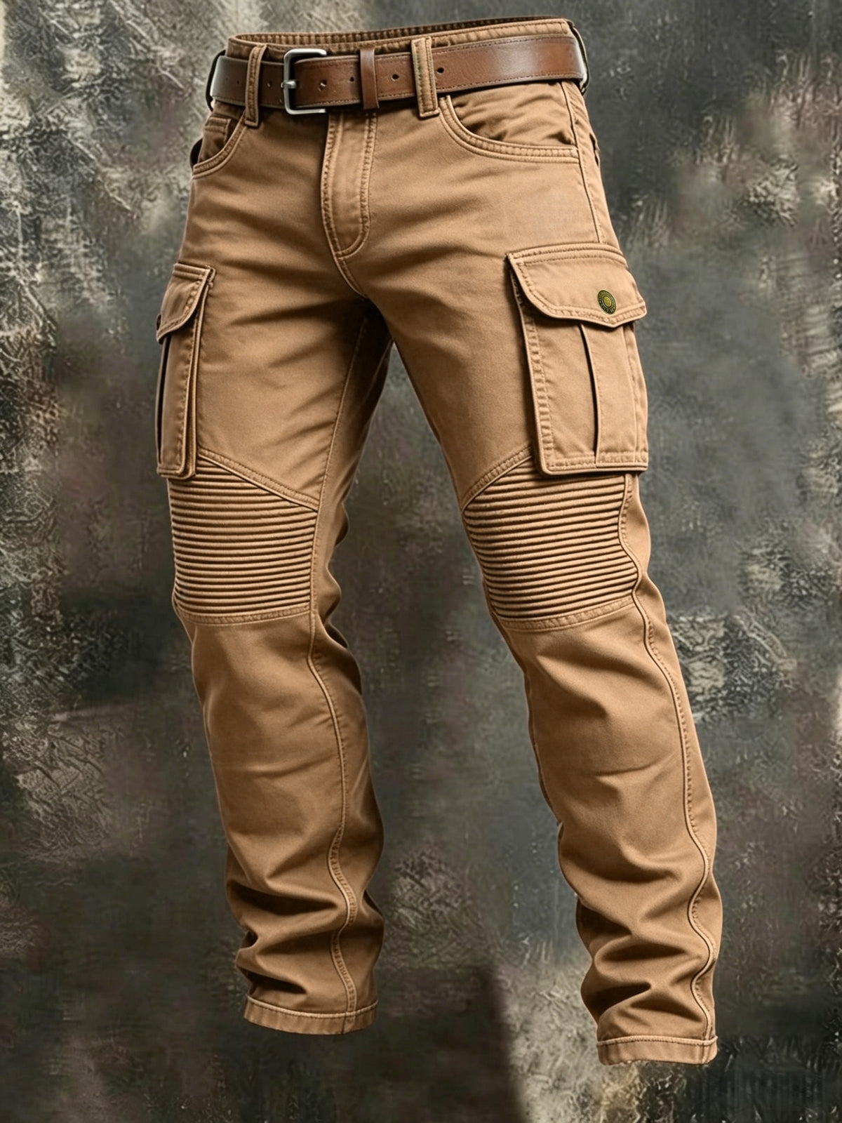 AZUKI Men's Cargo Pants with Ribbed Knee Panels - Khaki product photo