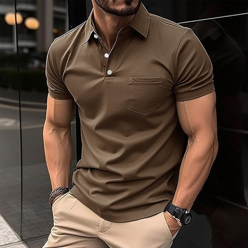 AZUKI Men's Short Sleeve Button-Placket Pocket Polo Shirt - DXP-4-Taupe Brown