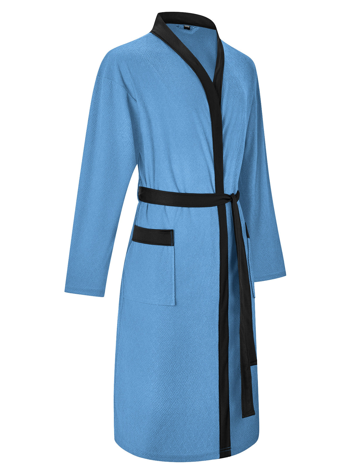 AZUKI blue bathrobe angled product view showing wrap front and pockets
