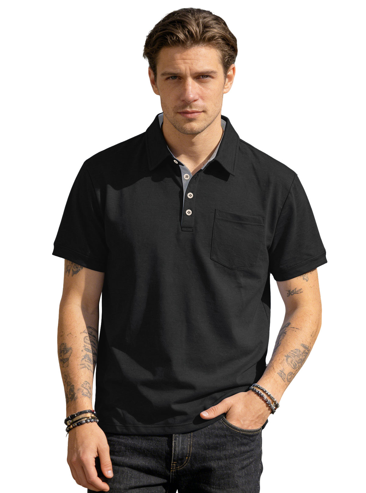 AZUKI Men's Cotton-Blend Short-Sleeve Pocket Polo - Black product photo