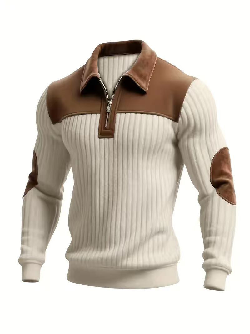 AZUKI Men's Color-Block Ribbed Long-Sleeve Half-Zip Polo - Off White product photo
