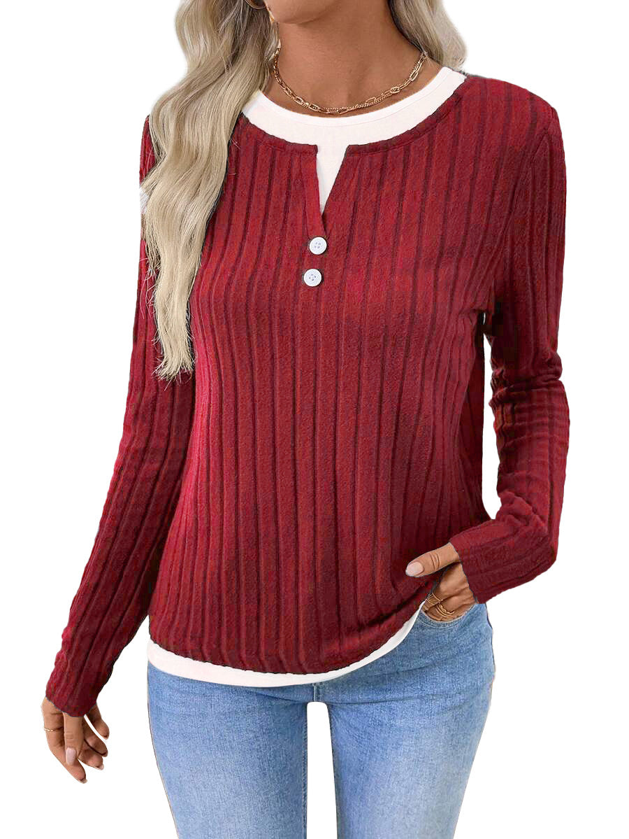 AZUKI Women's Ribbed Layered-Look Long-Sleeve Button Top - Red product photo