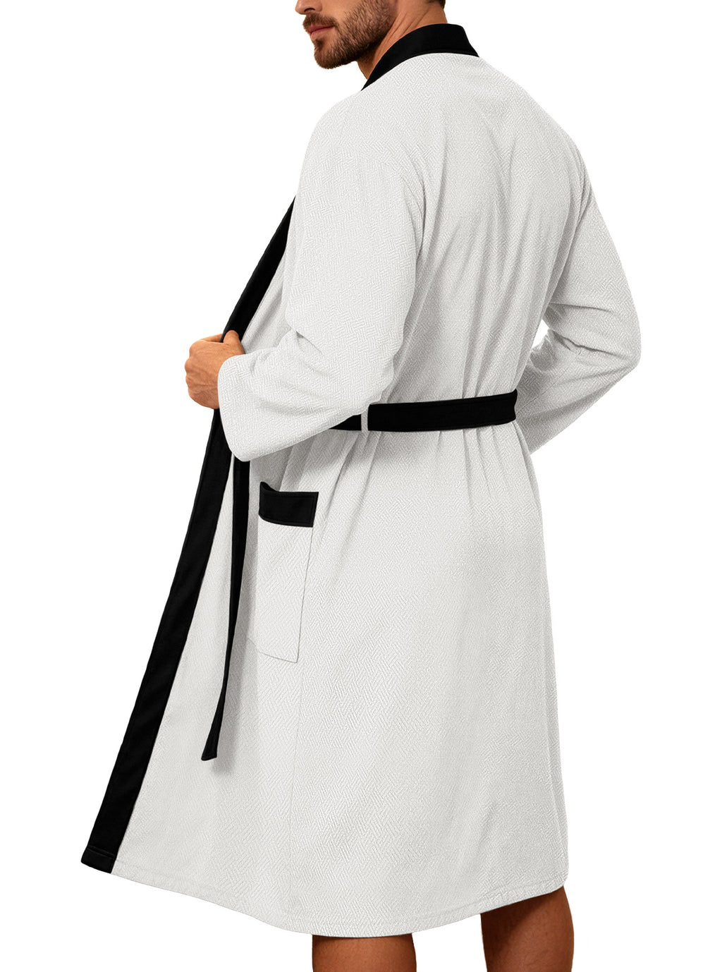 AZUKI white bathrobe rear view worn by an adult male model