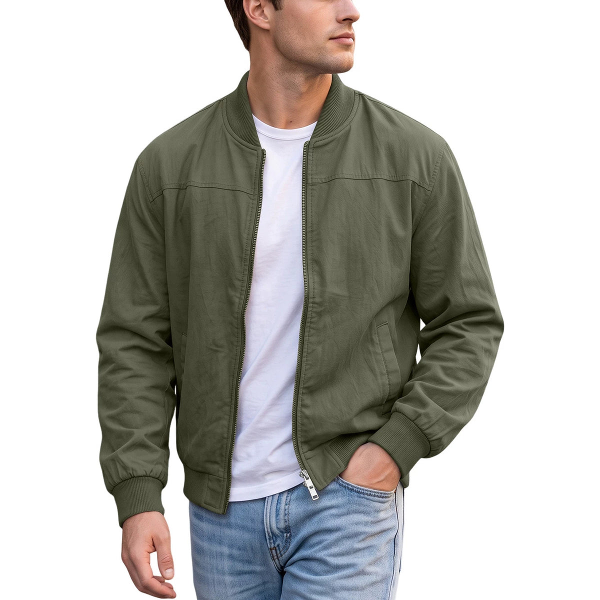AZUKI men's olive green bomber jacket, front view on an adult model