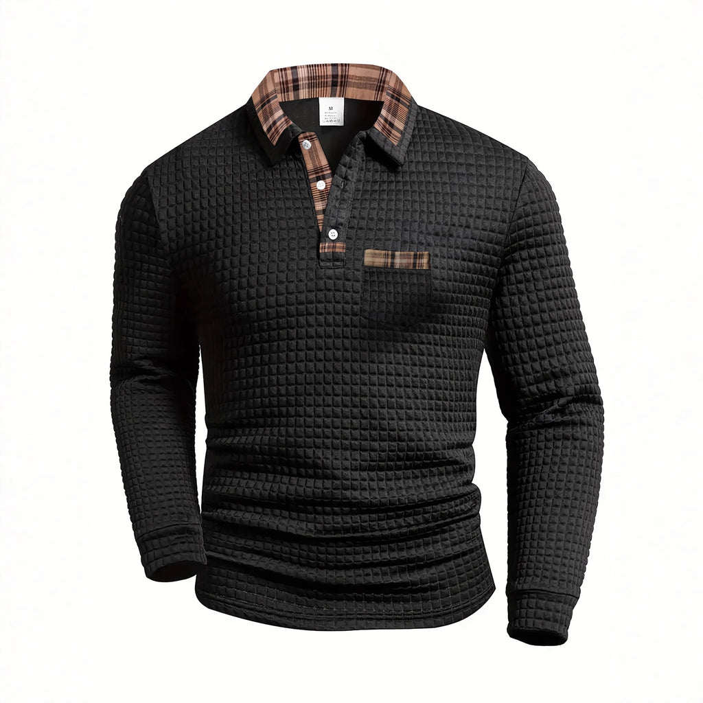 AZUKI Men's Waffle-Textured Plaid-Trim Long-Sleeve Polo product photo