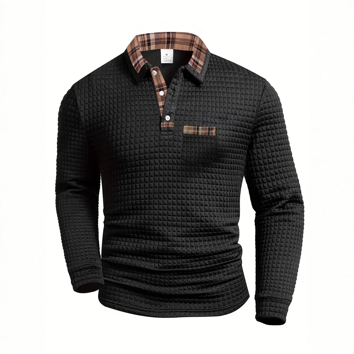 AZUKI Men's Waffle-Textured Plaid-Trim Long-Sleeve Polo product photo