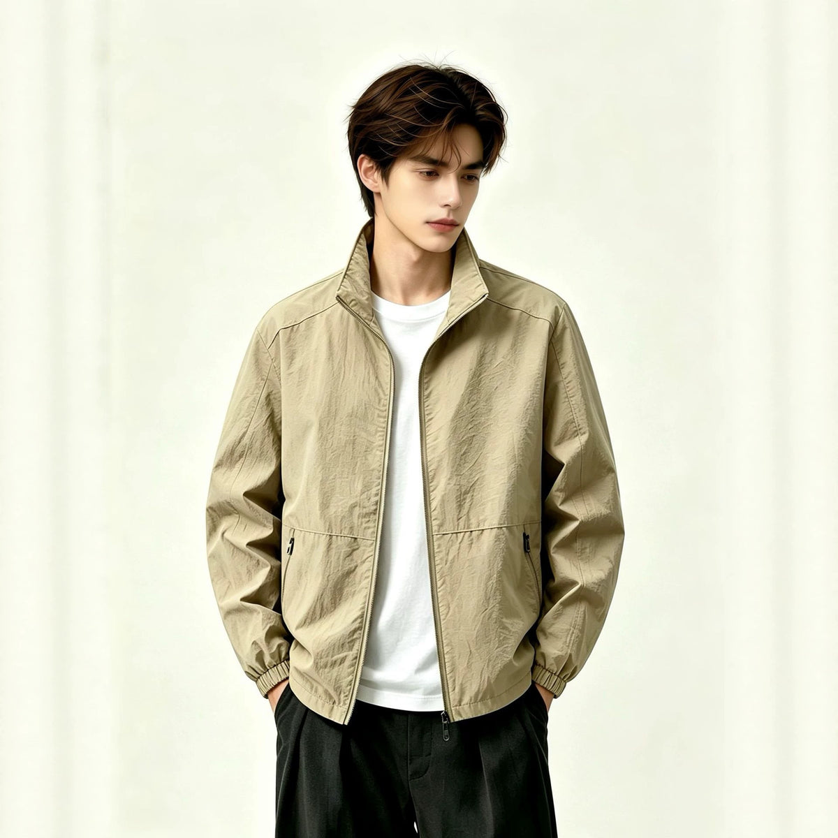 Adult model wearing the AZUKI khaki stand-collar zip jacket, front view
