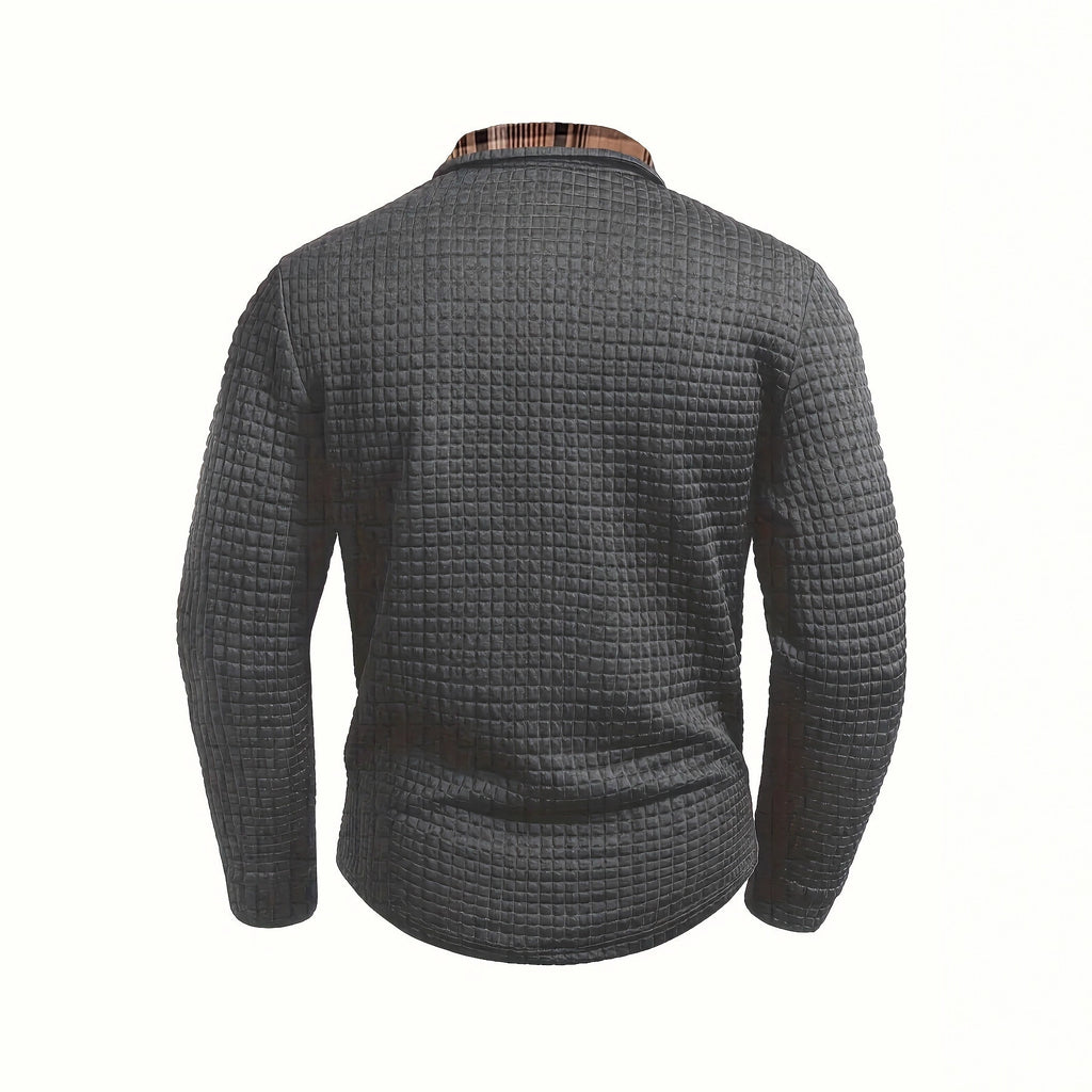 AZUKI Men's Waffle-Textured Plaid-Trim Long-Sleeve Polo product photo