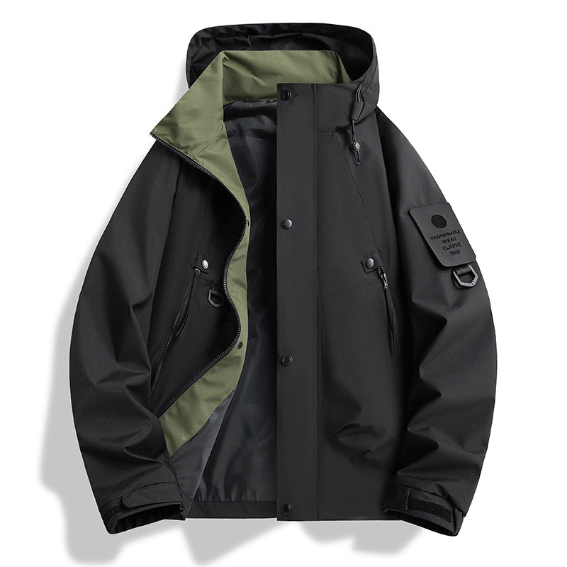 AZUKI Black hooded utility jacket, front view with contrast interior facing