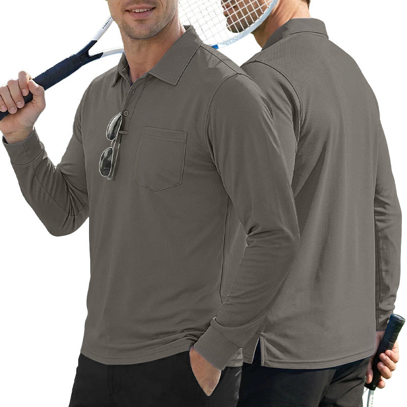 AZUKI long-sleeve birdseye pocket polo - Light Gray front and back