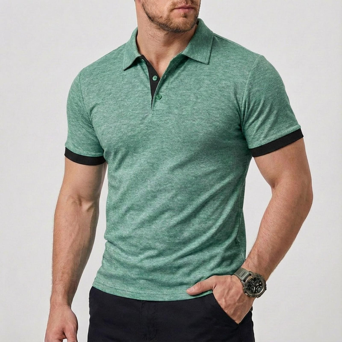 AZUKI Men's Heathered Polo Shirt with Contrast Cuffs - PDD-SDPL03-Green