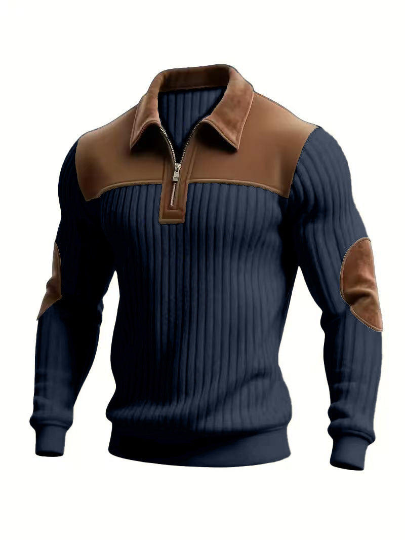 AZUKI Men's Color-Block Ribbed Long-Sleeve Half-Zip Polo - Navy product photo