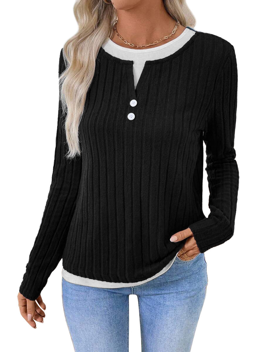 AZUKI Women's Ribbed Layered-Look Long-Sleeve Button Top - Black product photo