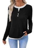 AZUKI Women's Ribbed Layered-Look Long-Sleeve Button Top - Black product photo