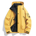 AZUKI Mustard Yellow hooded utility jacket with black interior facing and cuff tabs
