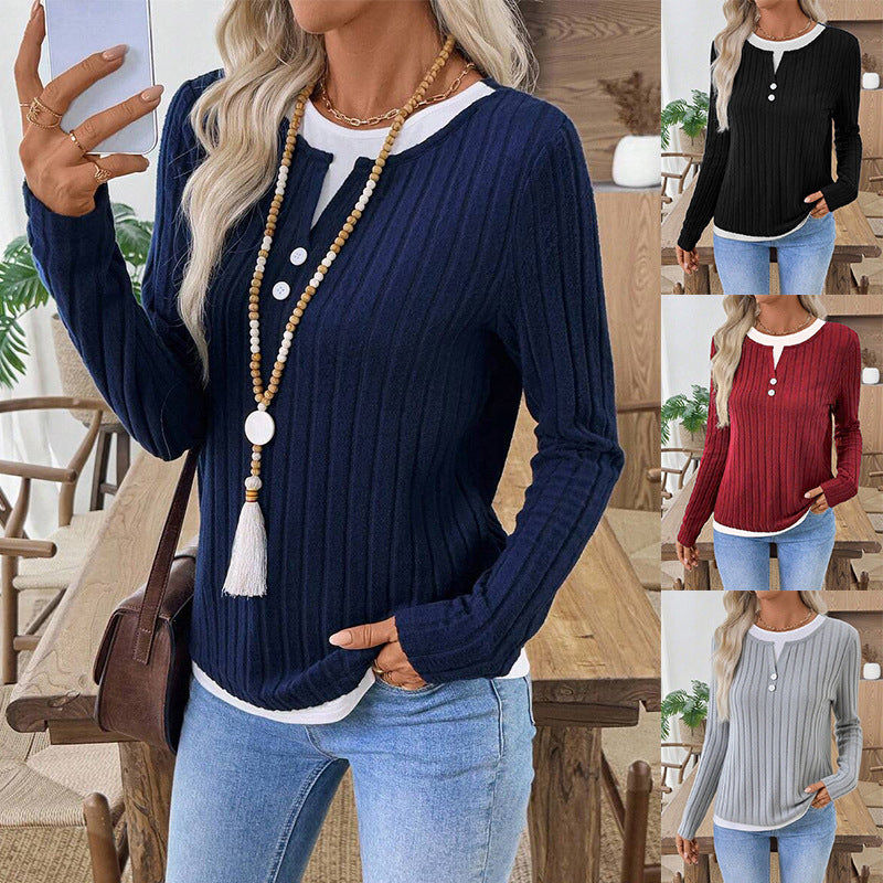 AZUKI Women's Ribbed Layered-Look Long-Sleeve Button Top product photo
