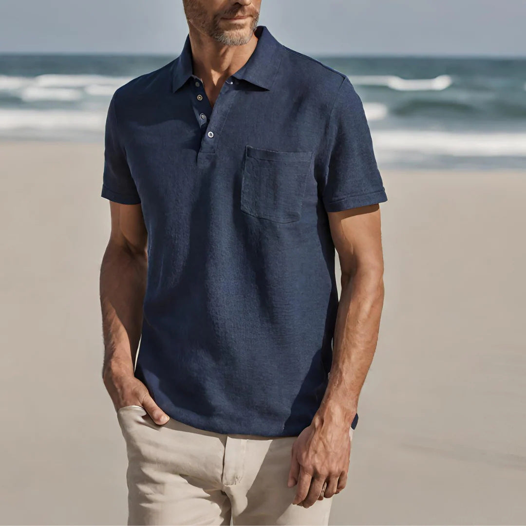 AZUKI Men's Short Sleeve Button-Placket Pocket Polo Shirt - DXP-6-Navy